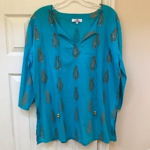 Amandara Indian Turquoise Gold Beaded Tunic Top L